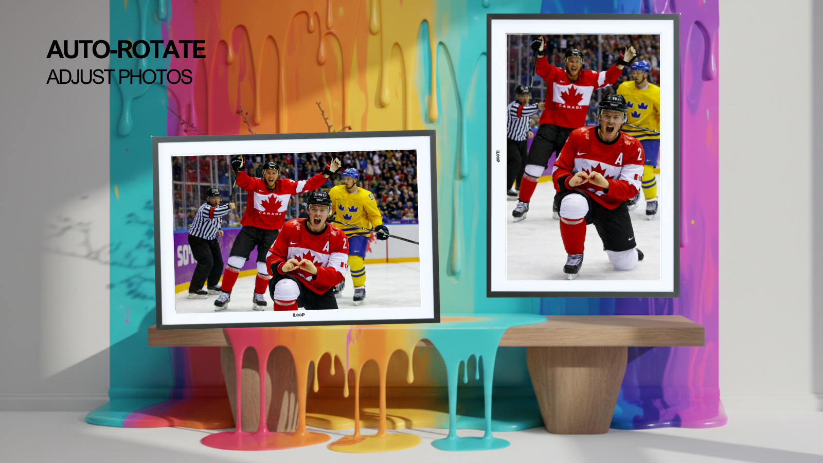 Two framed pictures of hockey players on a colorful background with 'Auto-Rotate Adjust Photos' text.