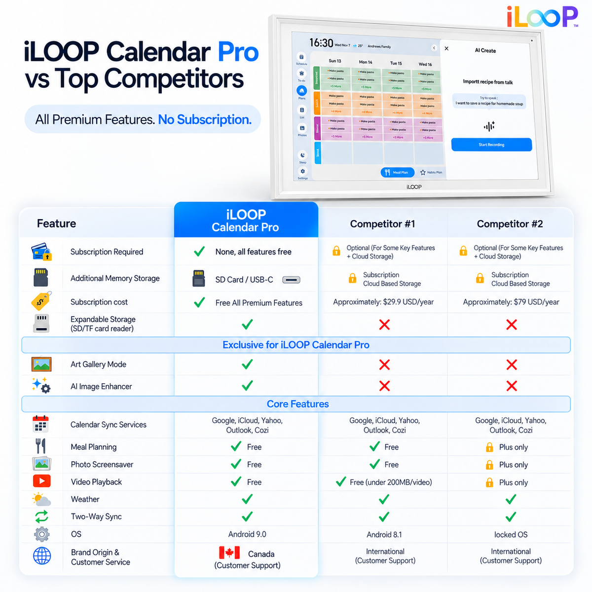 iLoop 15.6” Smart Digital Calendar Pro | 32GB Internal Memory | FotoCube Ai Voice Command | Chore Chart, Photo & Video Frame
