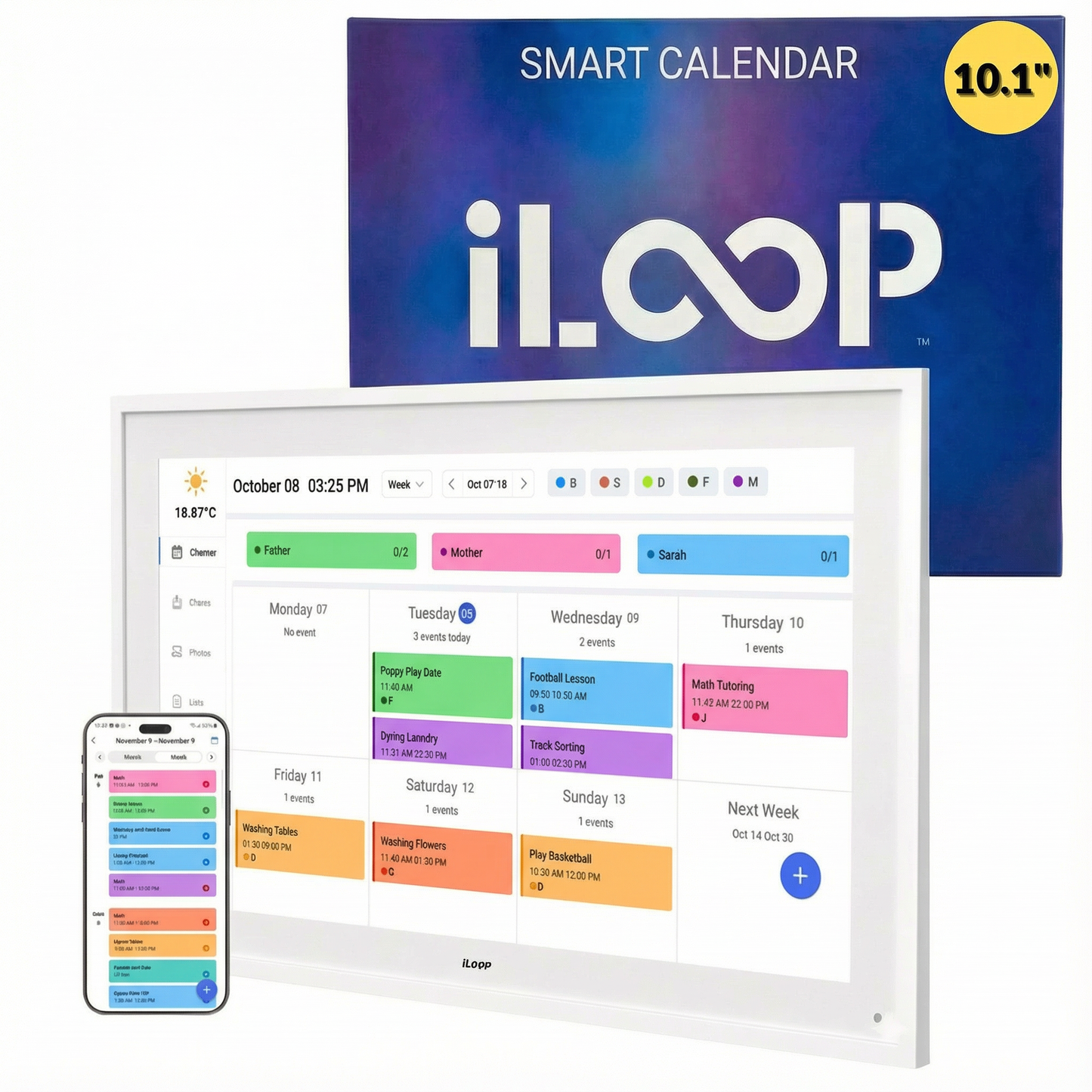 Smart calendar display with app interface and iLoop branding 