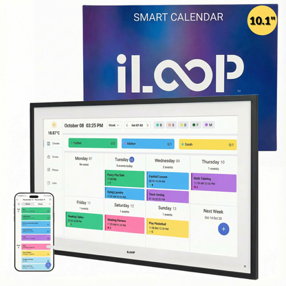 Smart calendar with iLoop branding and digital display on a white background
