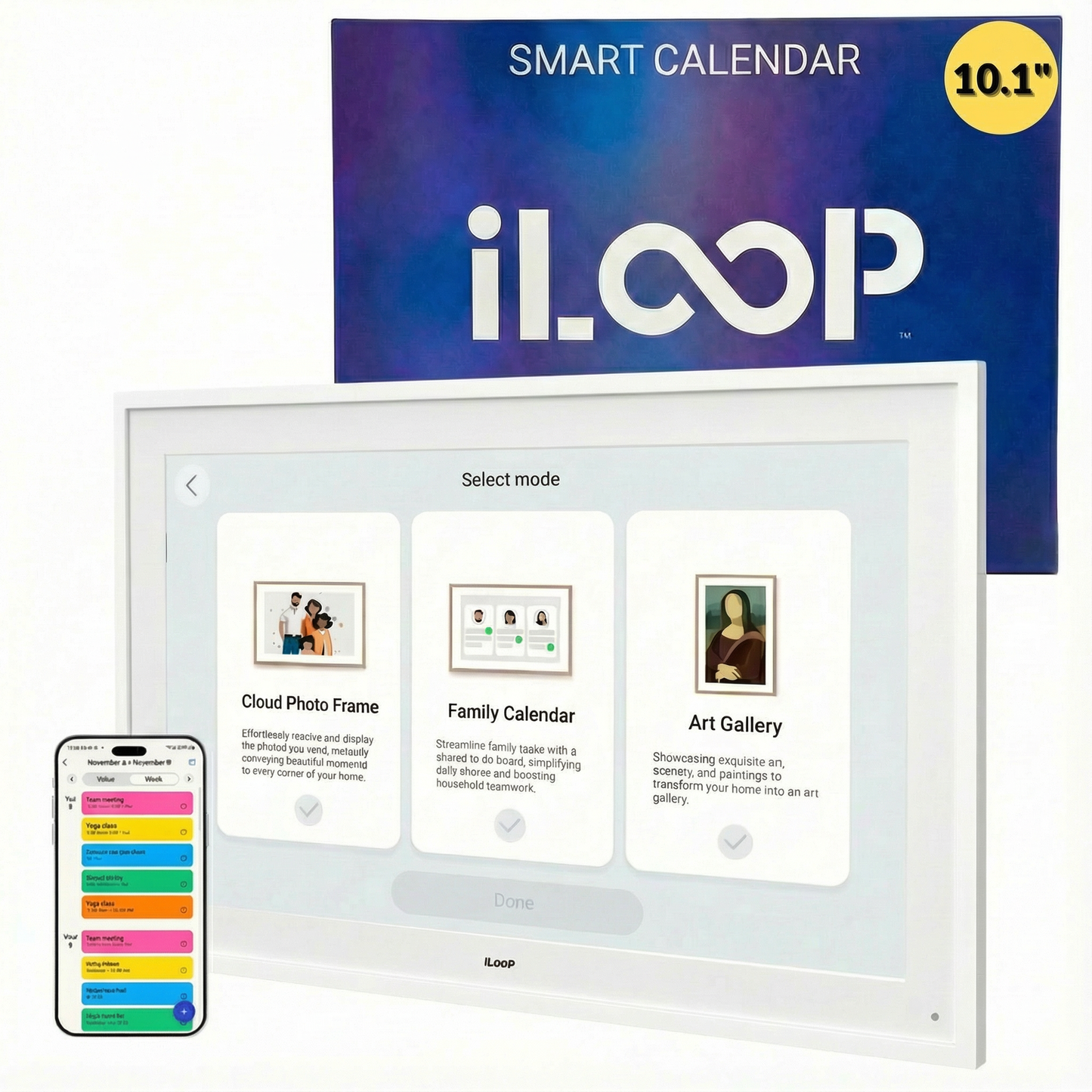 iLoop smart calendar with smartphone app interface on a white background