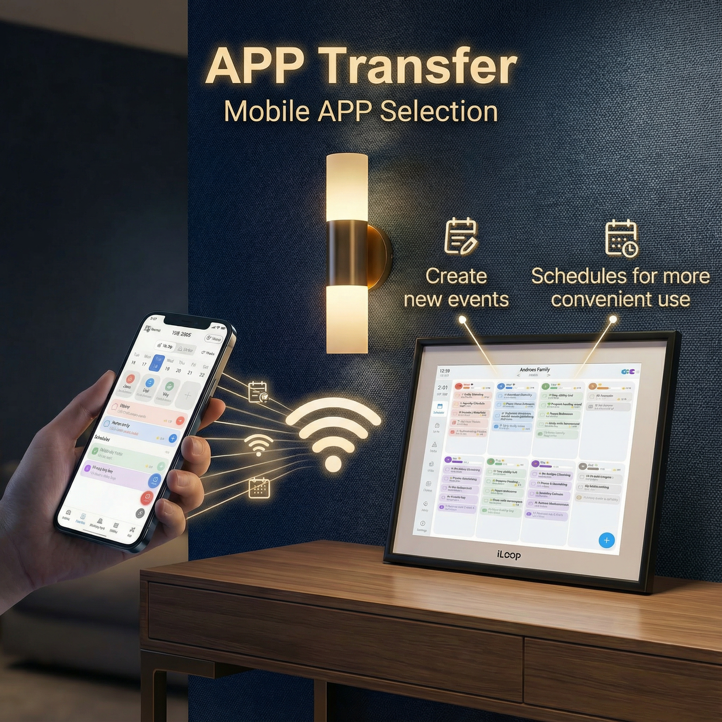 Smart home control app on a smartphone with a digital display showing app transfer and scheduling iLoop 10.1” Digital Calendar 32GB | 3 Modes: Calendar, Wi-Fi Photo and Video Frame & Art Gallery | Touchscreenfeatures.