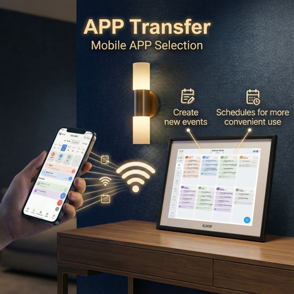 Smart home control app on a smartphone with a digital display showing app transfer and scheduling iLoop 10.1” Digital Calendar 32GB | 3 Modes: Calendar, Wi-Fi Photo and Video Frame & Art Gallery | Touchscreenfeatures.