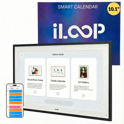 iLoop smart calendar with smartphone displaying app interface on a white background
