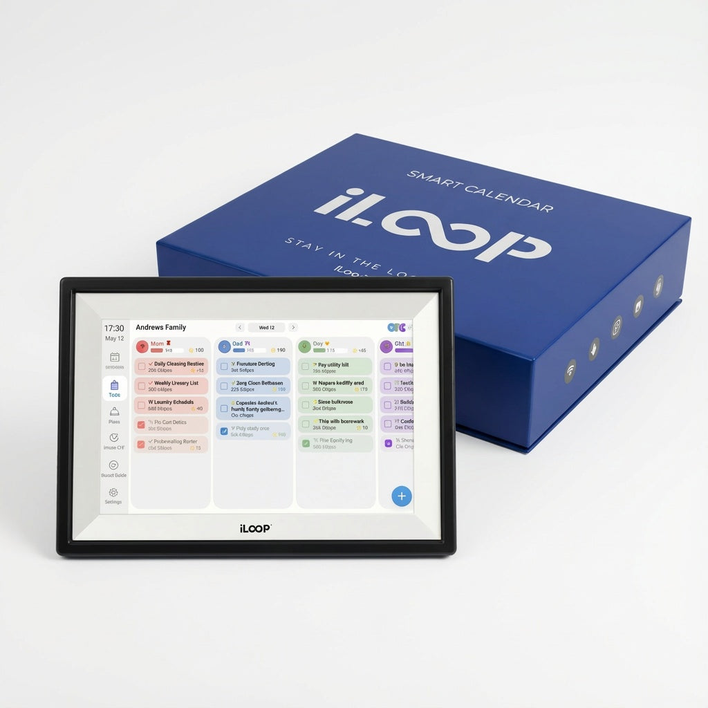 iLoop smart calendar device with digital display and blue packaging on a white background