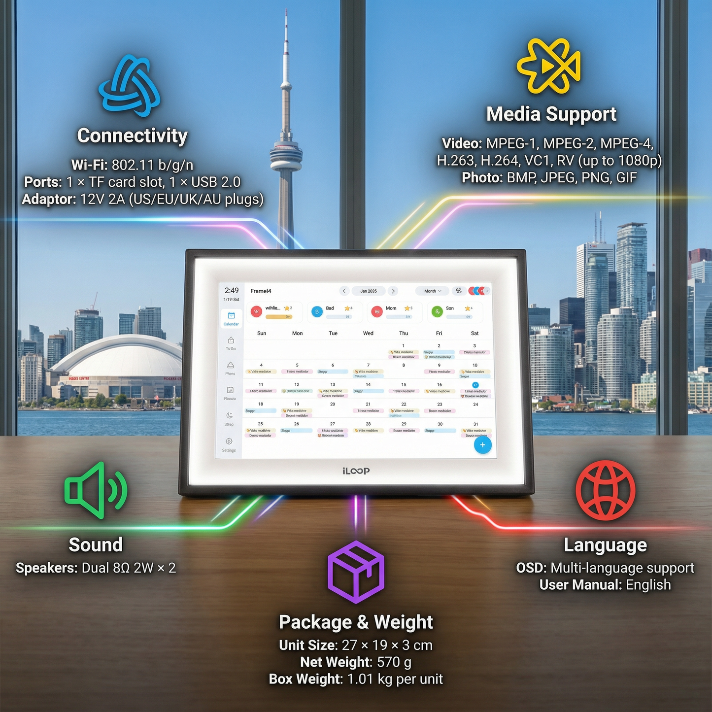 Product feature display with a tablet, cityscape background, and technical specifications. iLoop 10.1” Digital Calendar 32GB | 3 Modes: Calendar, Wi-Fi Photo and Video Frame & Art Gallery | Touchscreen