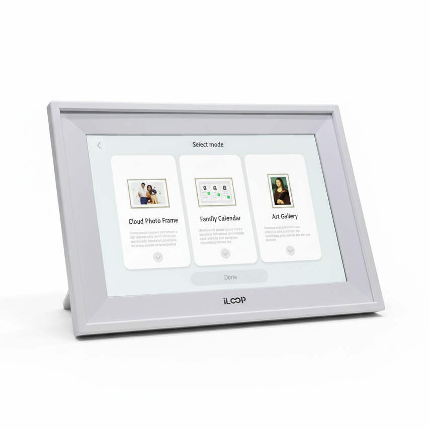 Digital photo frame with screen displaying modes on a white background iLoop 10.1” Smart Digital Calendar & Chore Chart | Photo and Video Frame | Android Touchscreen Display Family Organizer