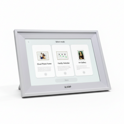 Digital photo frame with screen displaying modes on a white background iLoop 10.1” Smart Digital Calendar & Chore Chart | Photo and Video Frame | Android Touchscreen Display Family Organizer