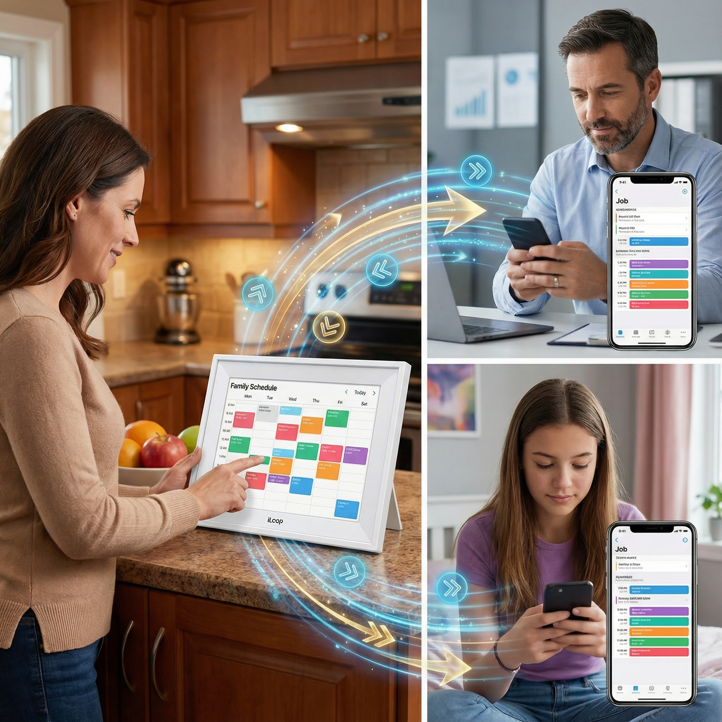 Collage of people using digital devices with home automation and scheduling apps. iLoop 10.1” Smart Digital Calendar & Chore Chart | Photo and Video Frame | Android Touchscreen Display Family Organizer