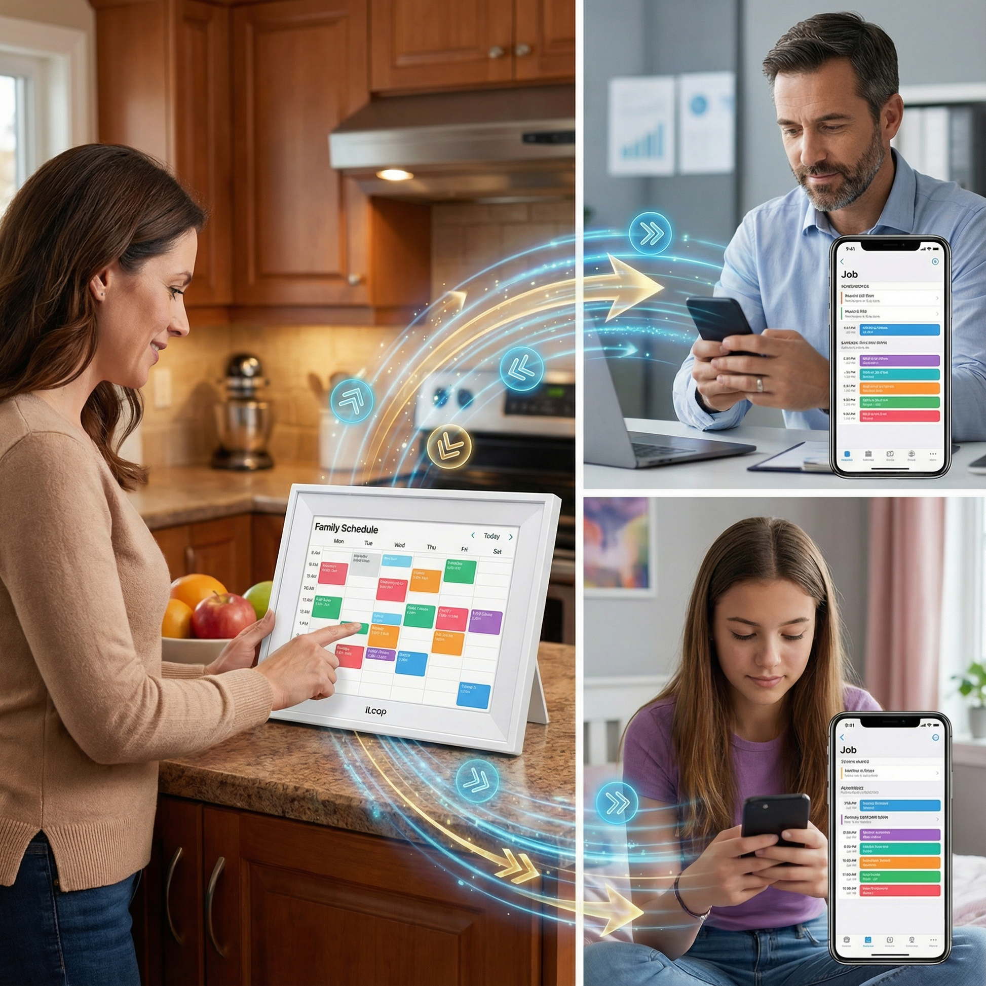 Collage of people using digital devices with home automation and scheduling apps. iLoop 10.1” Smart Digital Calendar & Chore Chart | Photo and Video Frame | Android Touchscreen Display Family Organizer