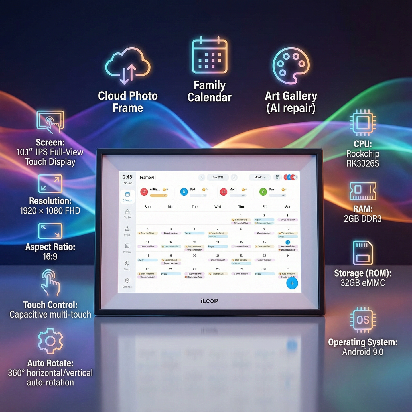 Digital frame with features listed on a dark background iLoop 10.1” Digital Calendar 32GB | 3 Modes: Calendar, Wi-Fi Photo and Video Frame & Art Gallery | Touchscreen