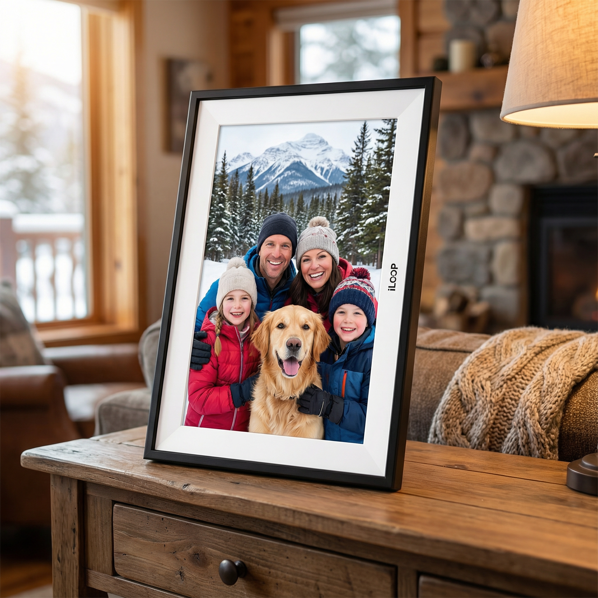 Framed family photo with dog on a wooden table in a cozy living room. iLoop 10.1” Digital Calendar 32GB | 3 Modes: Calendar, Wi-Fi Photo and Video Frame & Art Gallery | Touchscreen