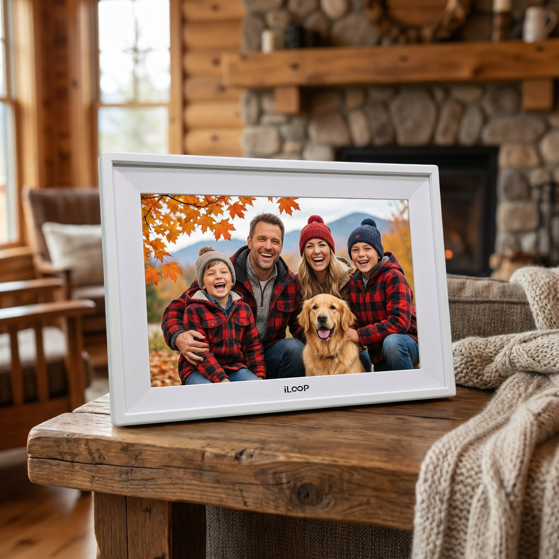 Digital photo frame displaying a family with a dog in a cozy living room. iLoop