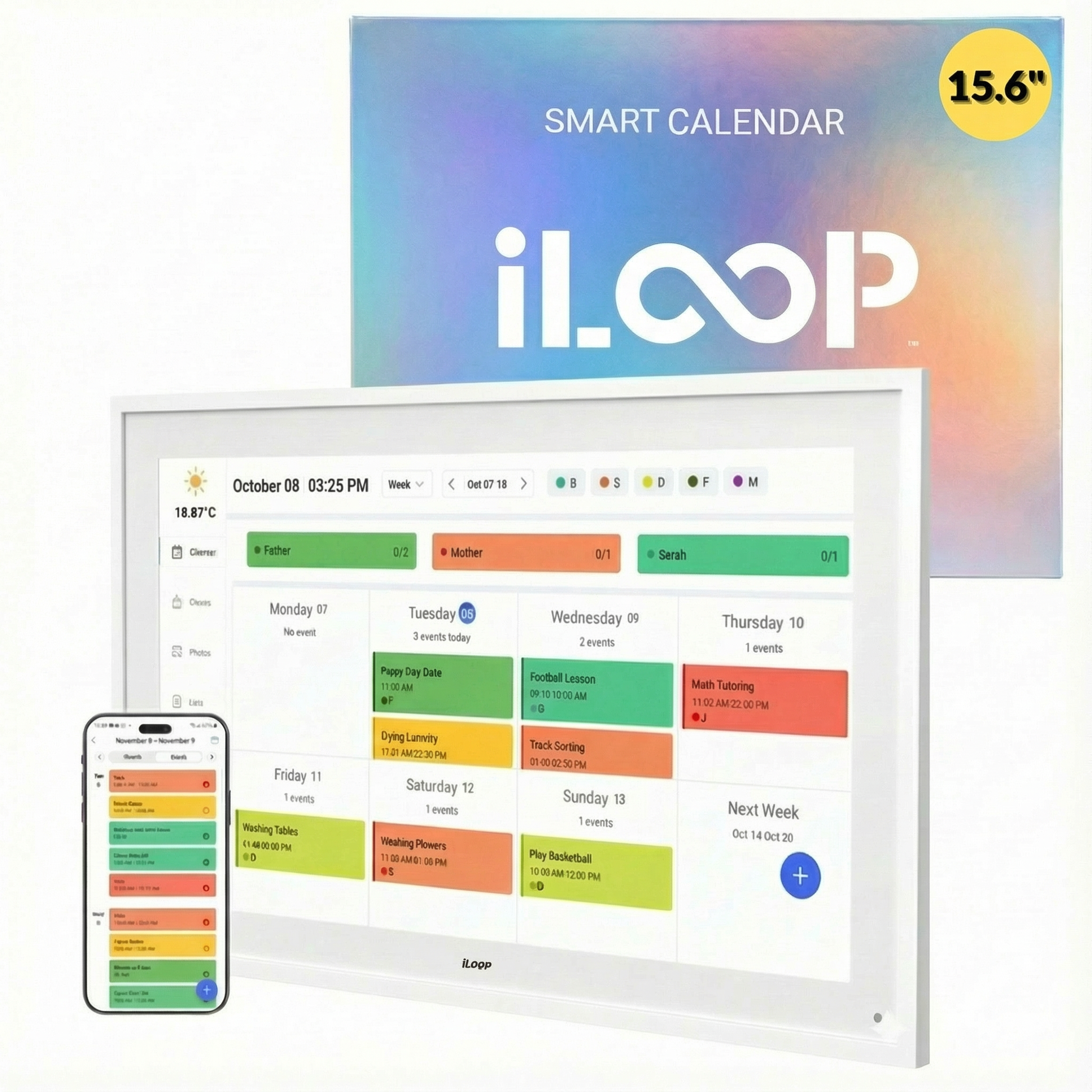 Smart calendar display with smartphone showing app interface, featuring the brand 'iLoop'.