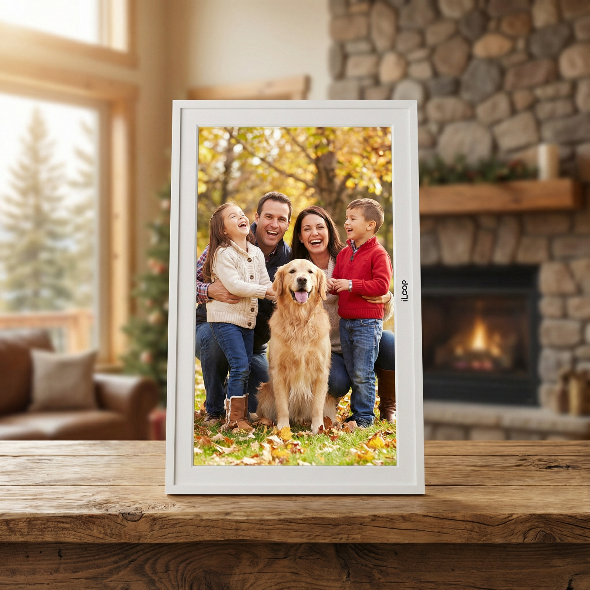 Framed family photo with a dog on a wooden table in a cozy living room. iLoop 15.6” Digital Calendar 32GB | 3 Modes: Calendar, Wi-Fi Photo and Video Frame & Art Gallery | Touchscreen