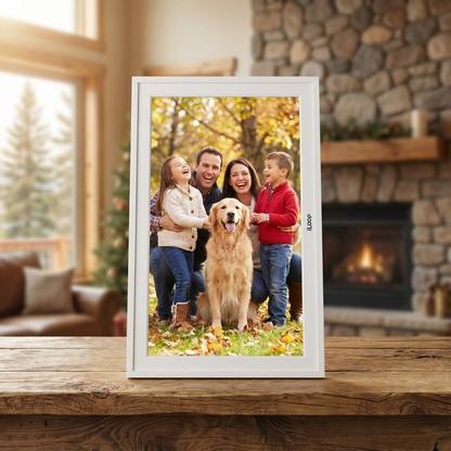 Framed family photo with a dog on a wooden table in a cozy living room. iLoop 15.6” Digital Calendar 32GB | 3 Modes: Calendar, Wi-Fi Photo and Video Frame & Art Gallery | Touchscreen