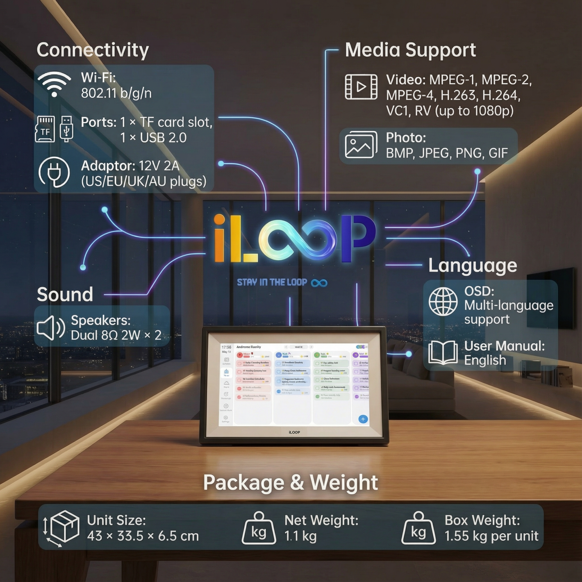 iLOOP product display with connectivity, media support, sound, language, and package & weight information.