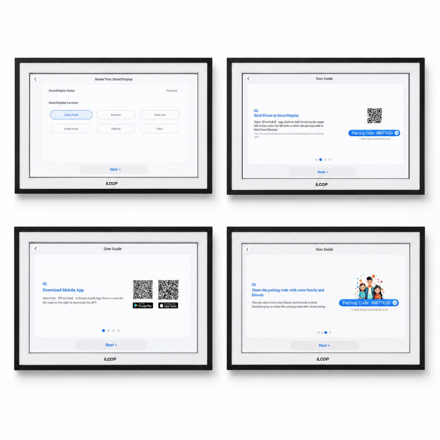 Four framed digital screens displaying user interface elements on a white background