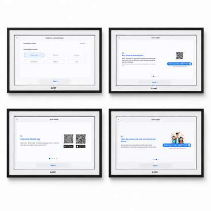 Four framed digital screens displaying user interface elements on a white background