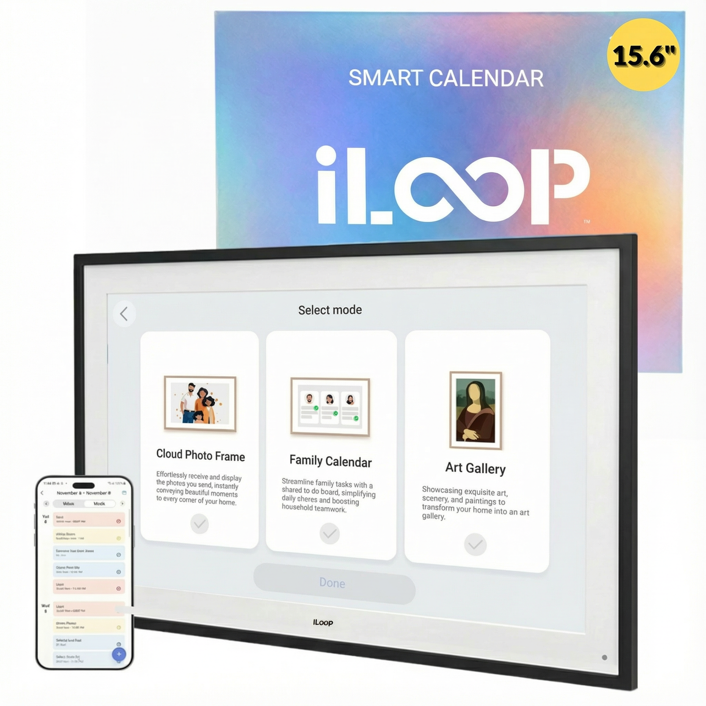 Smart calendar with iLOOP branding and smartphone displaying app interface.