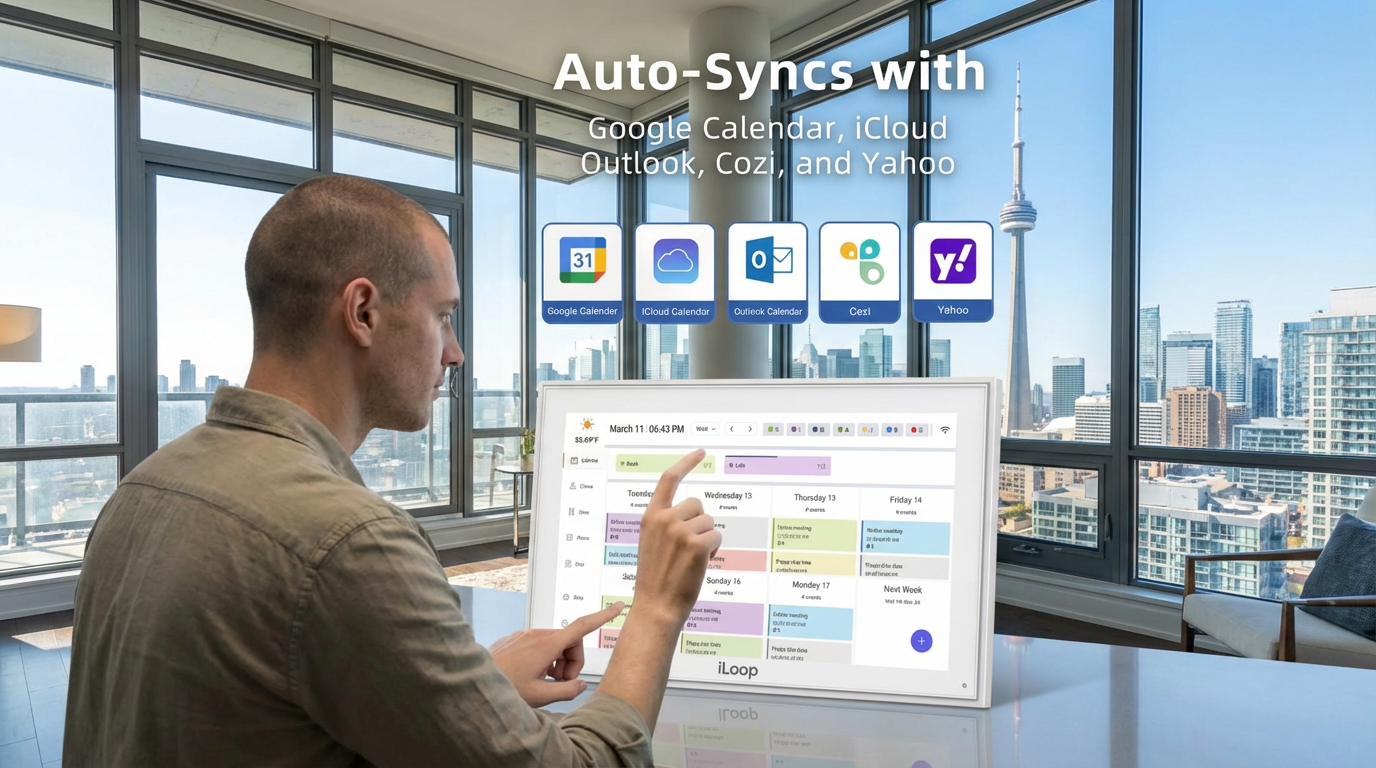 Person using a computer with auto-sync features displayed on the screen, set against a cityscape.