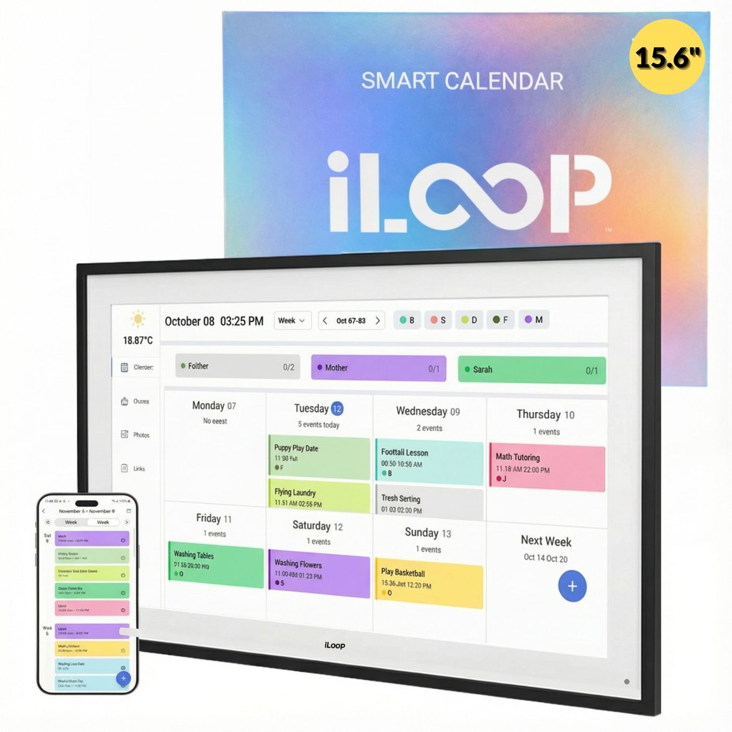 Smart calendar display with smartphone showing app interface, featuring iLOOP branding.