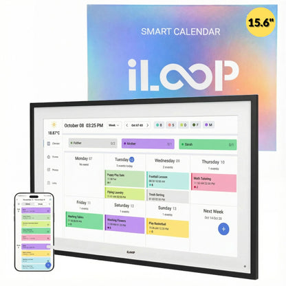 Smart calendar display with smartphone showing app interface, featuring iLOOP branding.
