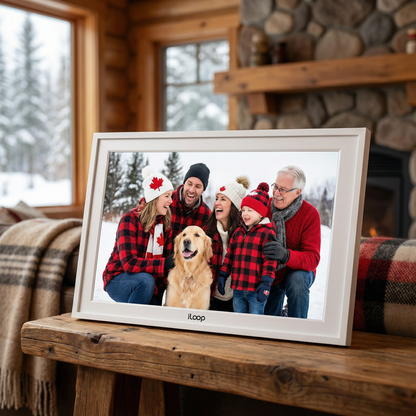Digital photo frame displaying a family with a dog in a cozy cabin setting. iLoop 15.6” Digital Calendar 32GB | 3 Modes: Calendar, Wi-Fi Photo and Video Frame & Art Gallery | Touchscreen