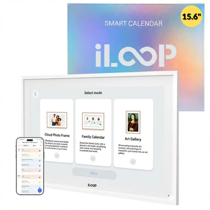 Smart calendar with interface display and 'iLoop' branding on a colorful gradient background