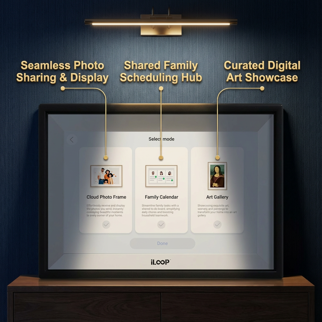 Smart photo frame with cloud photo frame, family calendar, and art gallery modes on a dark blue wall.