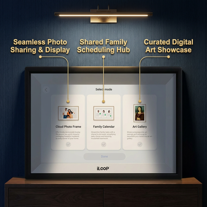 Smart photo frame with cloud photo frame, family calendar, and art gallery modes on a dark blue wall.