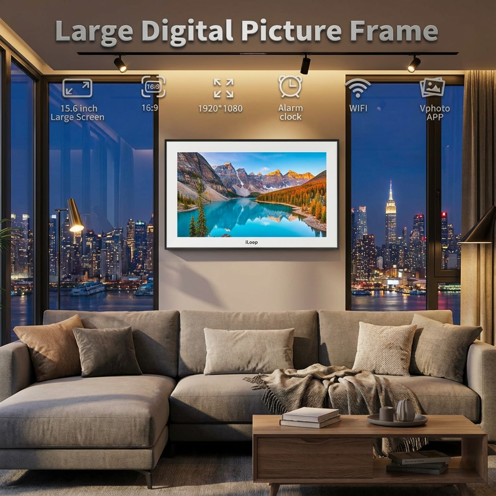Large digital picture frame displaying a scenic view in a living room with city lights. iLoop