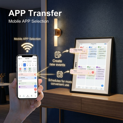 Smart home control app on smartphone with digital display showing app transfer and mobile app selection. iLoop 15.6” Smart Digital Calendar & Chore Chart | Photo and Video Frame | Smart Touchscreen Display Family Organizer