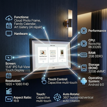 Smart photo frame with technical specifications displayed on a dark background iLoop 10.1” Digital Calendar 32GB | 3 Modes: Calendar, Wi-Fi Photo and Video Frame & Art Gallery | Touchscreen