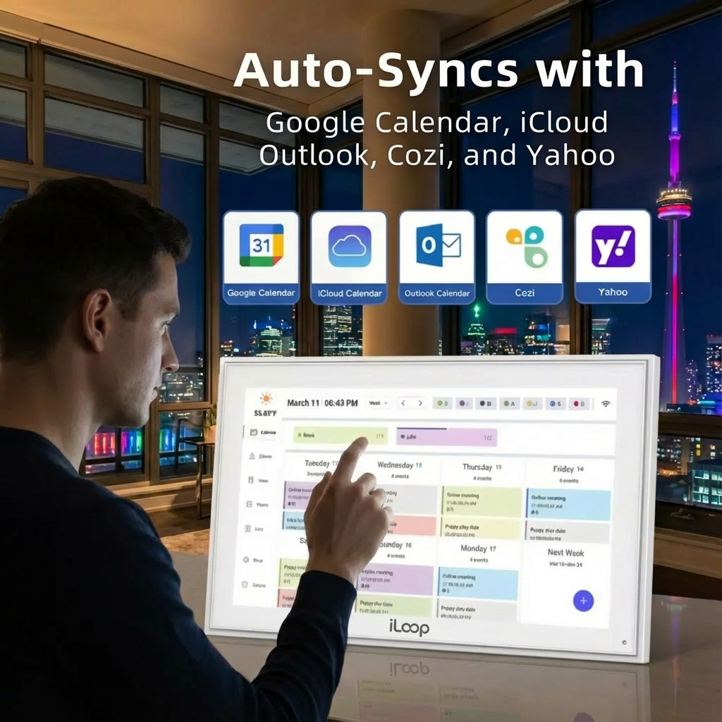 Person using a digital calendar on a large screen with sync capabilities to Google Calendar, iCloud, Outlook, Cozi, and Yahoo displayed above. iLoop 15.6” Smart Digital Calendar & Chore Chart | Photo and Video Frame | Smart Touchscreen Display Family Organizer