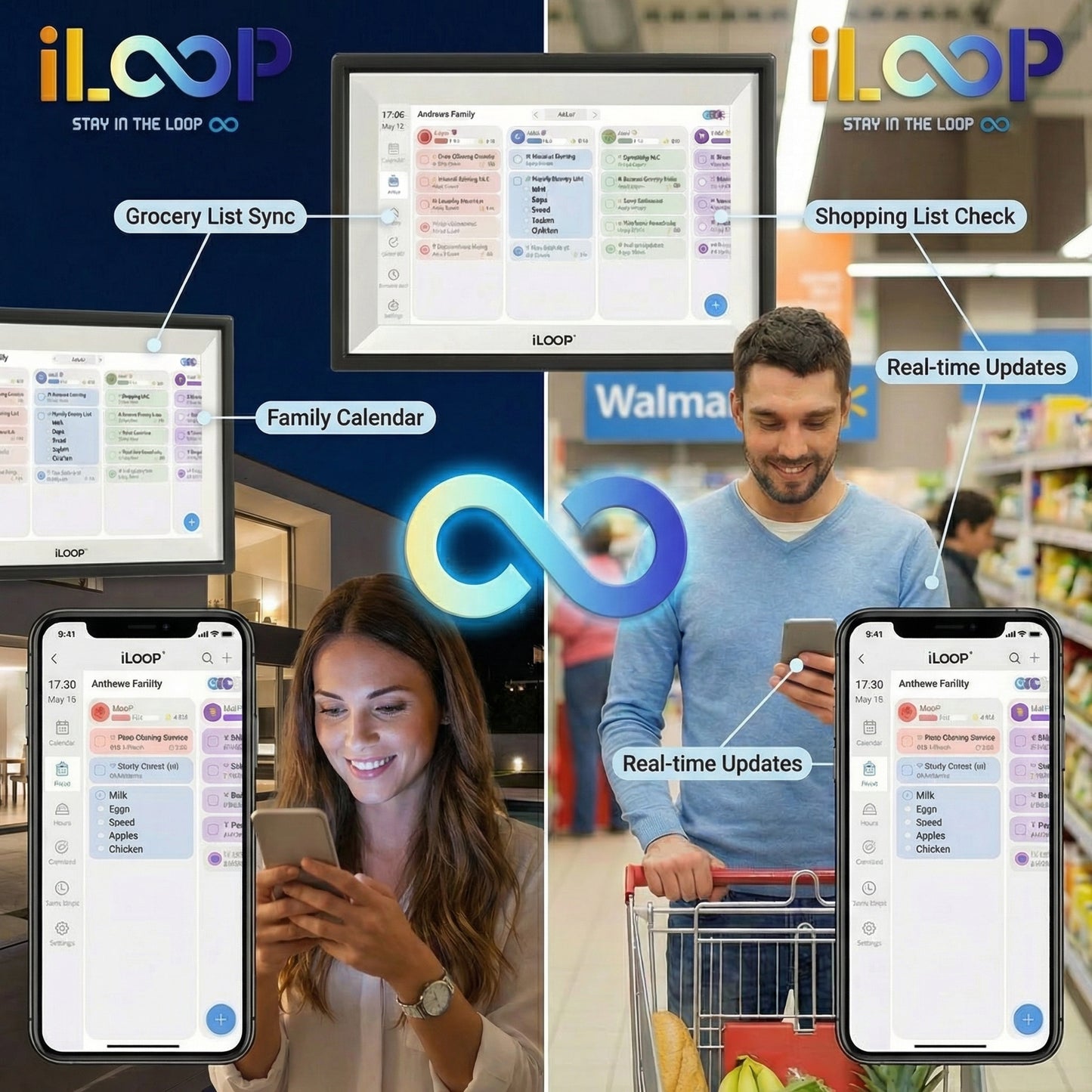 Collage of iloop app features with smartphone, computer, and person in a store setting. iLoop 15.6” Smart Digital Calendar & Chore Chart | Photo and Video Frame | Smart Touchscreen Display Family Organizer