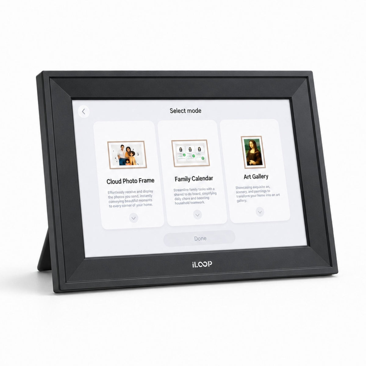 A black iLOOP digital photo frame with a stand, displaying a user interface on its screen, set against a plain white background.