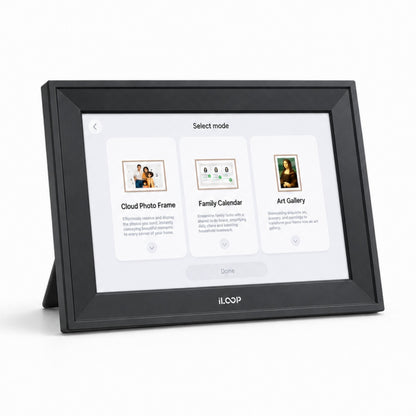 A black iLOOP digital photo frame with a stand, displaying a user interface on its screen, set against a plain white background.
