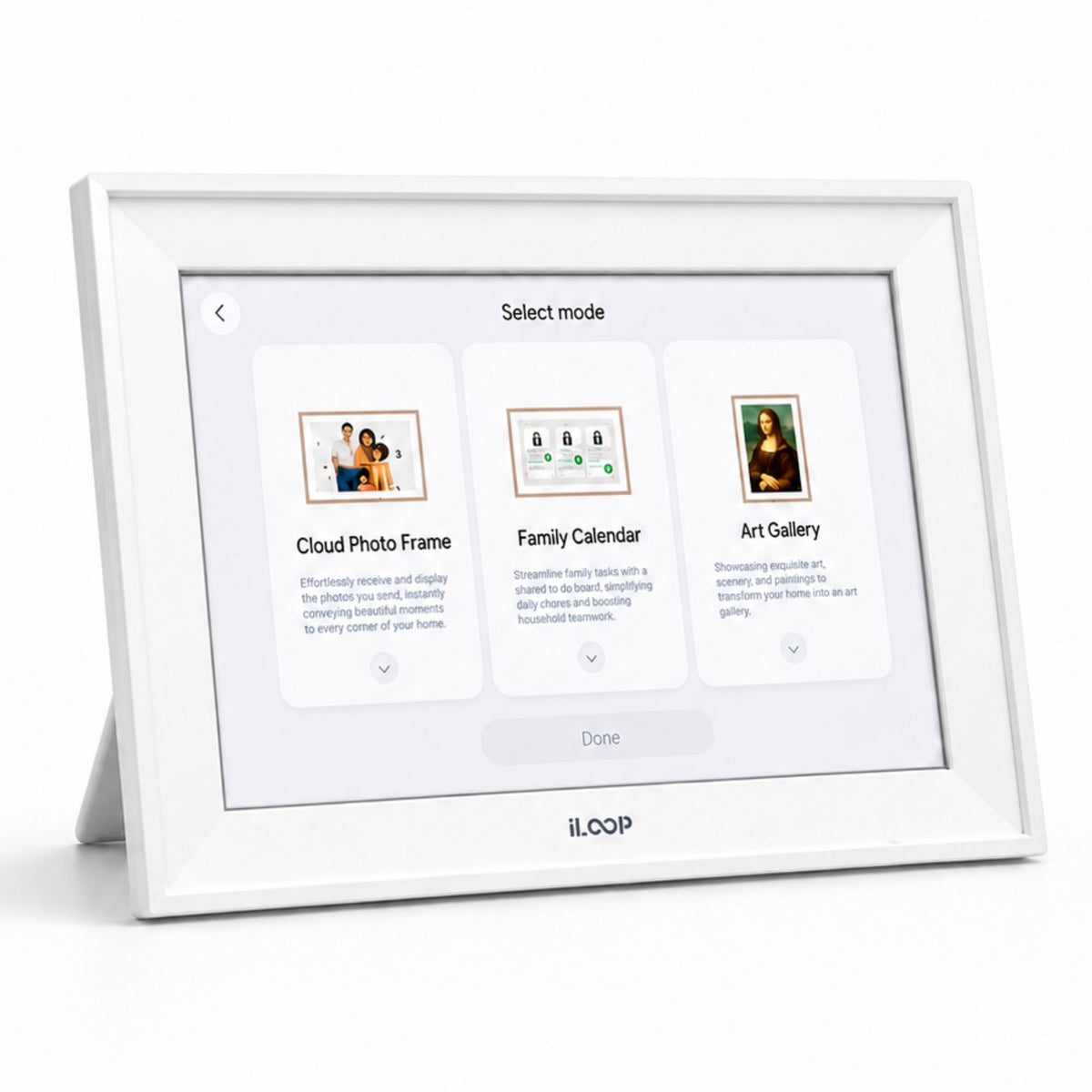 A white iLOOP digital photo frame with a kickstand, displaying a user interface screen on a clean white background.