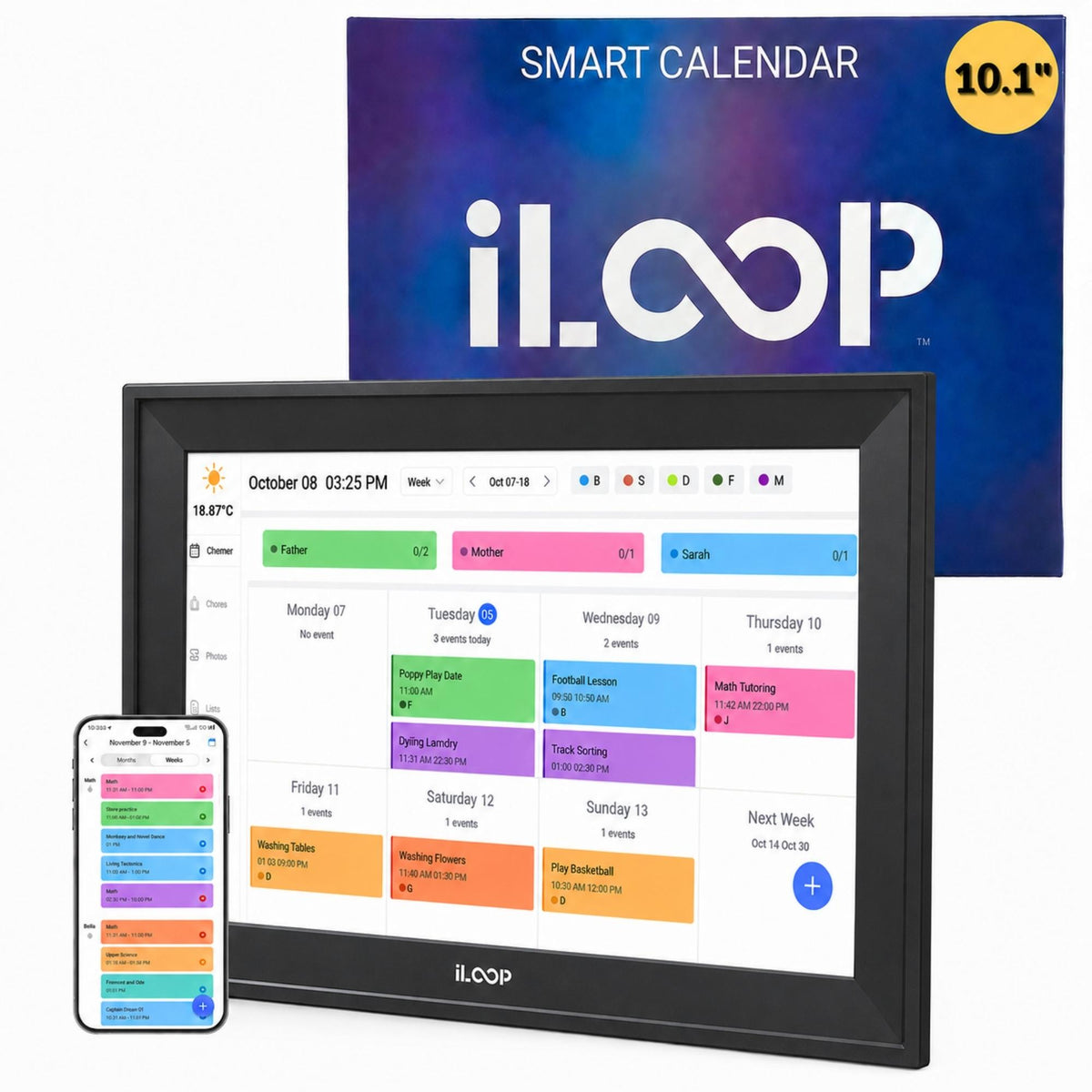 An iLOOP smart calendar display screen showing a colorful weekly schedule, with a smartphone app preview in front and a blue product box behind. The box reads 'SMART CALENDAR' and 'i.