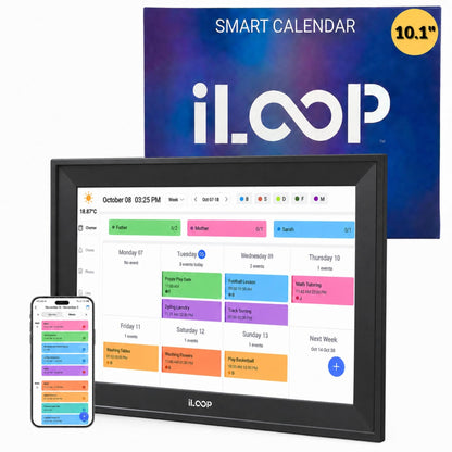 An iLOOP smart calendar display screen showing a colorful weekly schedule, with a smartphone app preview in front and a blue product box behind. The box reads 'SMART CALENDAR' and 'i.