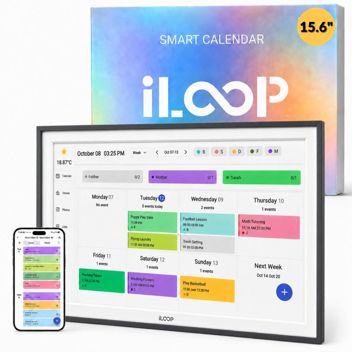 iLoop smart calendar display screen with a white bezel, shown in front of its colorful packaging box. A smartphone displaying the app interface is pictured on the lower left.