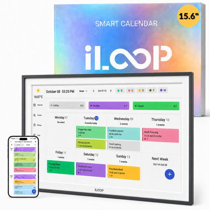 iLoop smart calendar display screen with a white bezel, shown in front of its colorful packaging box. A smartphone displaying the app interface is pictured on the lower left.