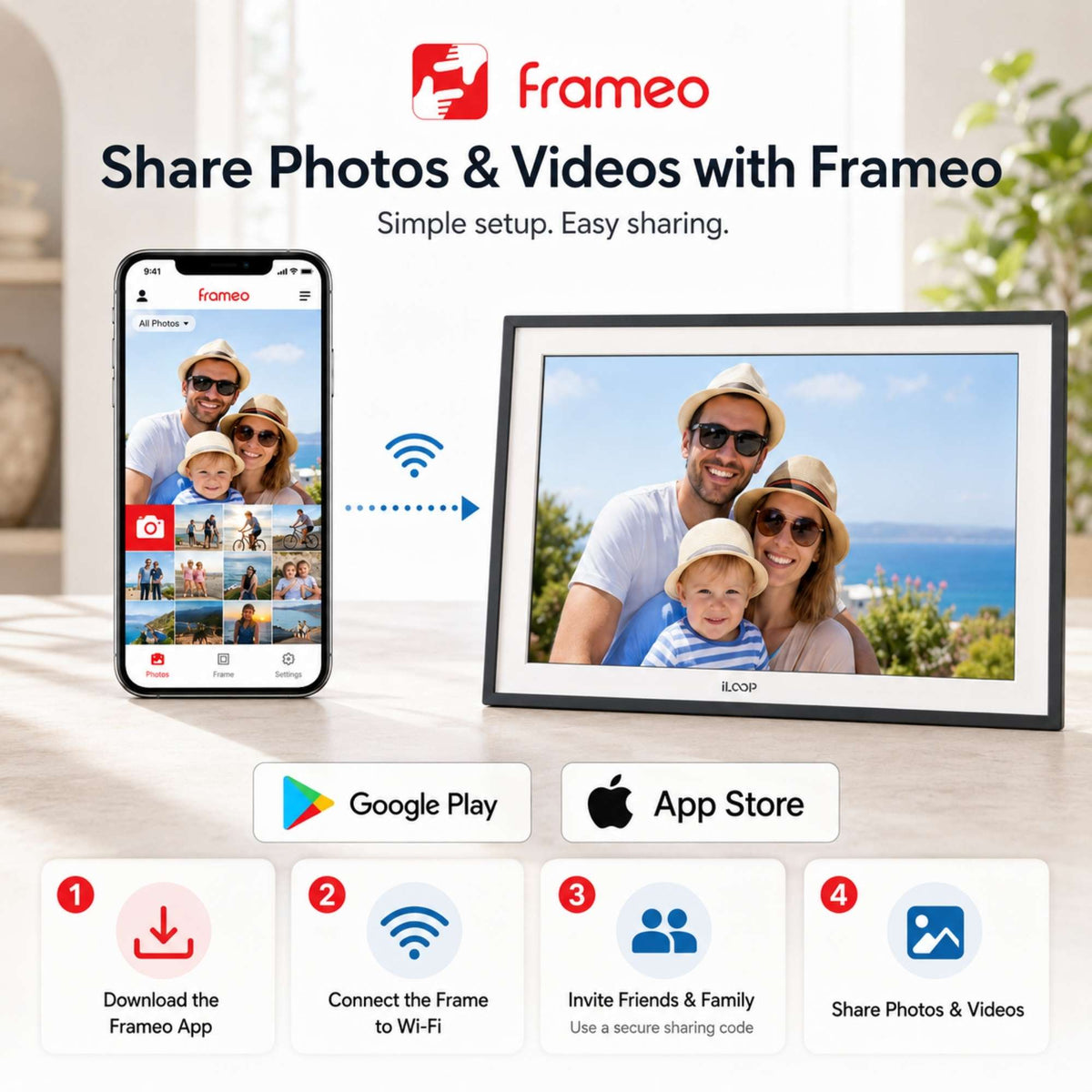 iloop 15.6” Digital Photo Frame | WiFi Touch Screen, 32 GB | Frameo App | Tabletop or Wall-Mounted