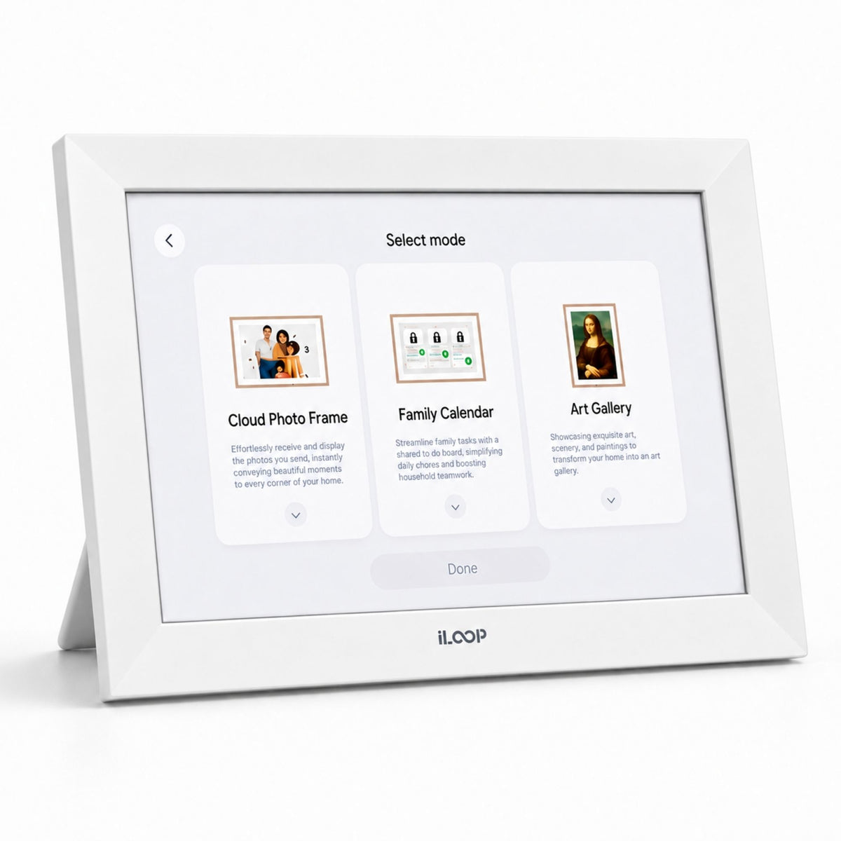 A white iLOOP digital photo frame on a clean white background, displaying a 'Select mode' screen with options for Cloud Photo Frame, Family Calendar, and Art Gallery.