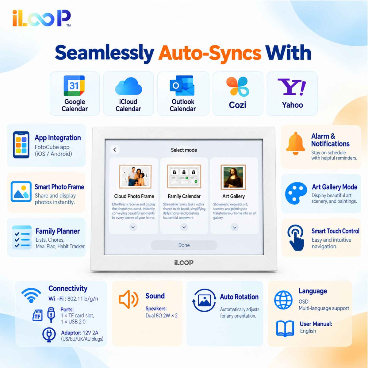 iLoop 15.6” Digital Calendar 32GB | 3 Modes: Calendar, Wi-Fi Photo and Video Frame & Art Gallery | Touchscreen