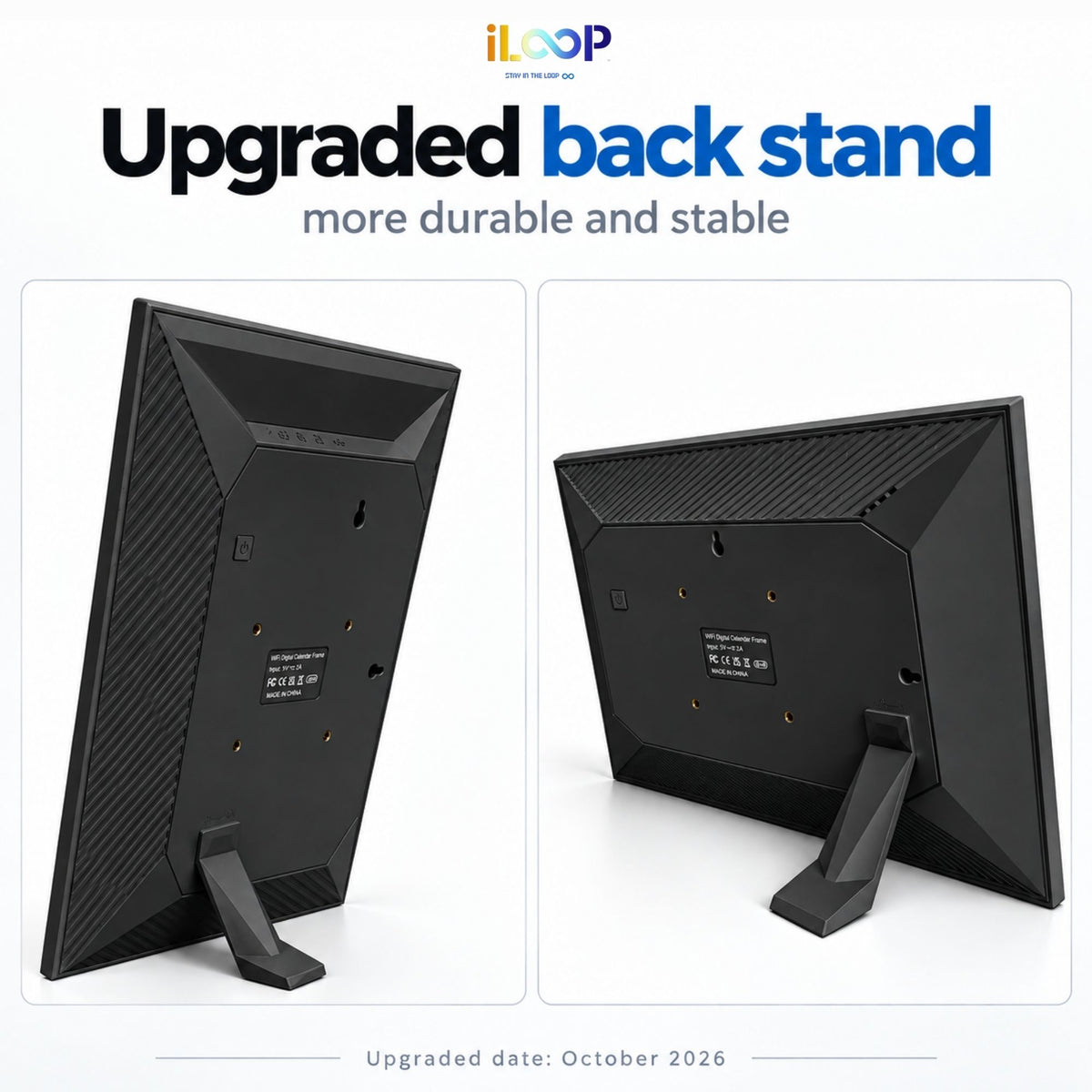 Promotional graphic for an upgraded iLOOP back stand, showing two views of a black rectangular monitor or display from the back on a white background with text reading 'Upgraded back stand' and 'more durable and stable'.