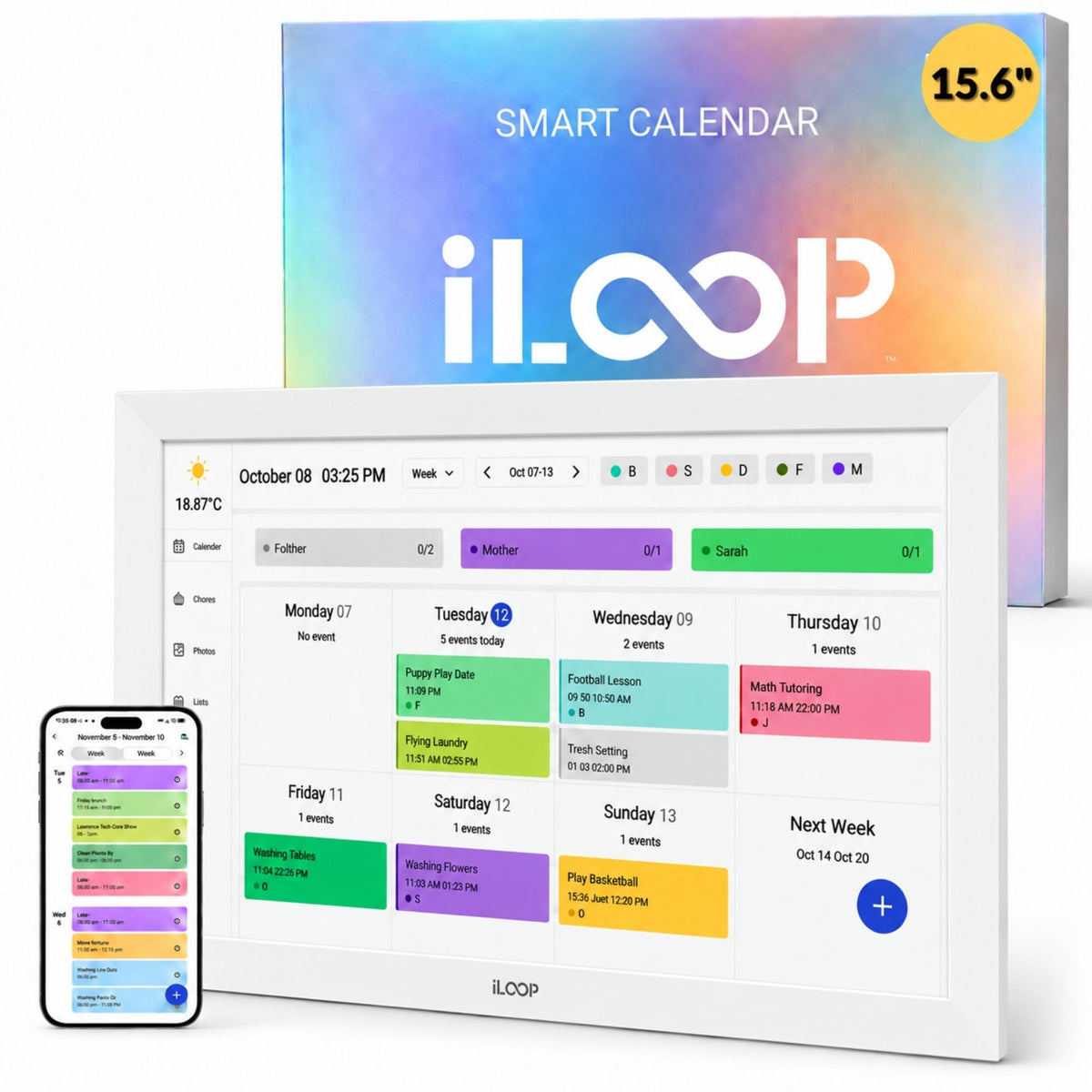 iLoop smart calendar display screen showing a weekly schedule, with a smartphone app preview in front and the product box behind on a white background.