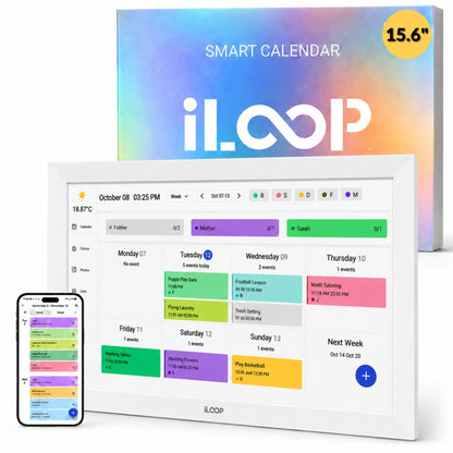 iLoop smart calendar display screen showing a weekly schedule, with a smartphone app preview in front and the product box behind on a white background.