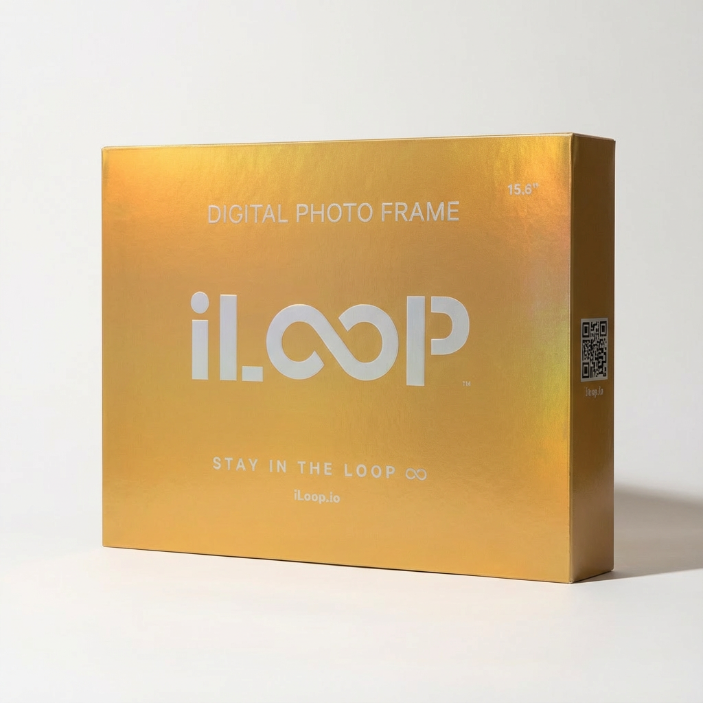 Gold box of iLoop digital photo frame on a white background